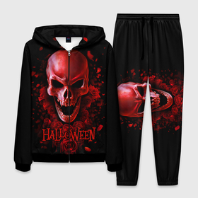 Мужской костюм 3D с принтом Красный череп в кровавых розах в Новосибирске, 100% полиэстер | Манжеты и пояс оформлены тканевой резинкой, двухслойный капюшон со шнурком для регулировки, карманы спереди | bloody | drops | fangs | happy halloween | look from hell | red | roses | skull | vampire | вампир | взгляд из ада | капли | клыки | красный | кровавые | праздник | розы | хэллоуин | череп