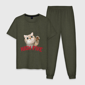 Мужская пижама хлопок с принтом Дай пять Милый котенок в Петрозаводске, 100% хлопок | брюки и футболка прямого кроя, без карманов, на брюках мягкая резинка на поясе и по низу штанин
 | дай пять | кот | котенок | котик | кошка | прикол | шутка