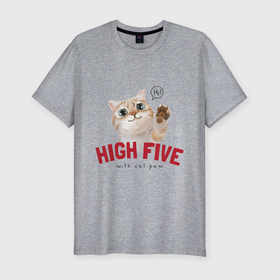 Мужская футболка хлопок Slim с принтом Дай пять Милый котенок в Новосибирске, 92% хлопок, 8% лайкра | приталенный силуэт, круглый вырез ворота, длина до линии бедра, короткий рукав | дай пять | кот | котенок | котик | кошка | прикол | шутка
