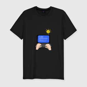 Мужская футболка хлопок Slim с принтом Создание компьютерной программы в Новосибирске, 92% хлопок, 8% лайкра | приталенный силуэт, круглый вырез ворота, длина до линии бедра, короткий рукав | компьютер | лампочка | программа | программист | профессия | руки | текст