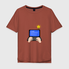Мужская футболка хлопок Oversize с принтом Создание компьютерной программы в Екатеринбурге, 100% хлопок | свободный крой, круглый ворот, “спинка” длиннее передней части | компьютер | лампочка | программа | программист | профессия | руки | текст
