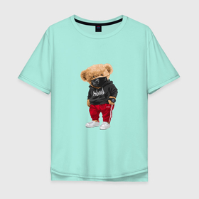 Мужская футболка хлопок Oversize с принтом Крутой медвежонок в спортивках , 100% хлопок | свободный крой, круглый ворот, “спинка” длиннее передней части | Тематика изображения на принте: bear | зож | медведь | медвежонок | спорт | спортивки | спортивный стиль