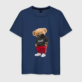 Мужская футболка хлопок с принтом Крутой медвежонок в спортивках в Санкт-Петербурге, 100% хлопок | прямой крой, круглый вырез горловины, длина до линии бедер, слегка спущенное плечо. | Тематика изображения на принте: bear | зож | медведь | медвежонок | спорт | спортивки | спортивный стиль