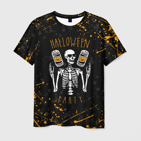 Мужская футболка 3D с принтом HALLOWEEN PARTY | ВЕЧЕРИНКА ХЕЛЛОУИН   ЧЕРЕП И ТЫКВА в Белгороде, 100% полиэфир | прямой крой, круглый вырез горловины, длина до линии бедер | Тематика изображения на принте: bones | ghost | halloween | pumpkin | skull | кости | приведение | призрак | скелет | тыква | хеллоуин | хоррор | хэллоуин