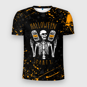 Мужская футболка 3D Slim с принтом HALLOWEEN PARTY | ВЕЧЕРИНКА ХЕЛЛОУИН   ЧЕРЕП И ТЫКВА в Белгороде, 100% полиэстер с улучшенными характеристиками | приталенный силуэт, круглая горловина, широкие плечи, сужается к линии бедра | bones | ghost | halloween | pumpkin | skull | кости | приведение | призрак | скелет | тыква | хеллоуин | хоррор | хэллоуин