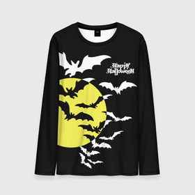 Мужской лонгслив 3D с принтом Летучие мыши на Хэллоуин в Тюмени, 100% полиэстер | длинные рукава, круглый вырез горловины, полуприлегающий силуэт | bats | black | happy halloween | moon | night | sky | yellow | желтая | летучие мыши | луна | небо | ночь | праздник | хэллоуин | черное