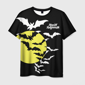 Мужская футболка 3D с принтом Летучие мыши на Хэллоуин в Тюмени, 100% полиэфир | прямой крой, круглый вырез горловины, длина до линии бедер | bats | black | happy halloween | moon | night | sky | yellow | желтая | летучие мыши | луна | небо | ночь | праздник | хэллоуин | черное