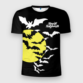 Мужская футболка 3D Slim с принтом Летучие мыши на Хэллоуин в Новосибирске, 100% полиэстер с улучшенными характеристиками | приталенный силуэт, круглая горловина, широкие плечи, сужается к линии бедра | bats | black | happy halloween | moon | night | sky | yellow | желтая | летучие мыши | луна | небо | ночь | праздник | хэллоуин | черное