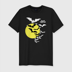 Мужская футболка хлопок Slim с принтом Летучие мыши на луне в Петрозаводске, 92% хлопок, 8% лайкра | приталенный силуэт, круглый вырез ворота, длина до линии бедра, короткий рукав | bats | happy halloween | moon | night | sky | yellow | желтая | летучие мыши | луна | небо | ночь | праздник | хэллоуин