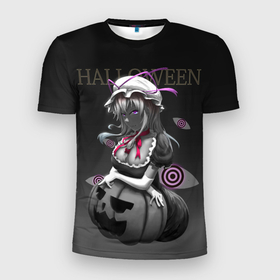 Мужская футболка 3D Slim с принтом Черная ведьма с тыквой в Новосибирске, 100% полиэстер с улучшенными характеристиками | приталенный силуэт, круглая горловина, широкие плечи, сужается к линии бедра | big breasts | black | halloween | happy halloween | holiday | neckline | pumpkin | witch | young | большая грудь | ведьма | декольте | молодая | праздник | тыква | хэллоуин | черная