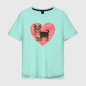 Мужская футболка хлопок Oversize с принтом Йоркшик в сердце , 100% хлопок | свободный крой, круглый ворот, “спинка” длиннее передней части | Тематика изображения на принте: york | домашние животные | домашний любимец | звери | йорк | йоркширский терьер | любовь | питомец | розовое сердце | собака | собачка