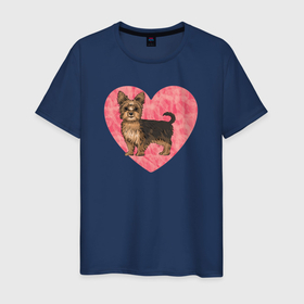 Мужская футболка хлопок с принтом Йоркшик в сердце , 100% хлопок | прямой крой, круглый вырез горловины, длина до линии бедер, слегка спущенное плечо. | Тематика изображения на принте: york | домашние животные | домашний любимец | звери | йорк | йоркширский терьер | любовь | питомец | розовое сердце | собака | собачка