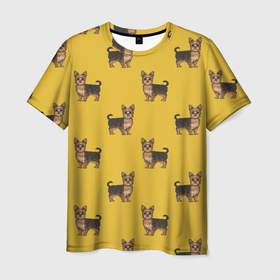 Мужская футболка 3D с принтом Йоркширский терьер паттерн в Санкт-Петербурге, 100% полиэфир | прямой крой, круглый вырез горловины, длина до линии бедер | домашние животные | домашний питомец | йорк | йоркшик | йоркширский терьер | охра | паттерн | собаки | собачка