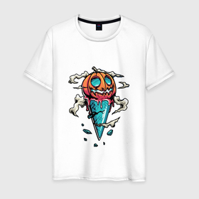 Мужская футболка хлопок с принтом Тыква мороженое на Хэллоуин в Кировске, 100% хлопок | прямой крой, круглый вырез горловины, длина до линии бедер, слегка спущенное плечо. | мороженое | облачко | тыква | хэллоуин