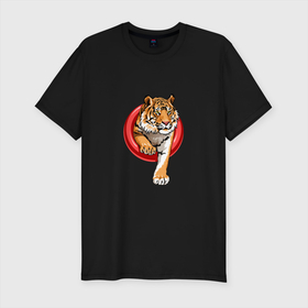 Мужская футболка хлопок Slim с принтом Wilking Tiger , 92% хлопок, 8% лайкра | приталенный силуэт, круглый вырез ворота, длина до линии бедра, короткий рукав | Тематика изображения на принте: 2022 | animal | cat | lion | tiger | год тигра | животные | зверь | зубы | кот | кошка | лев | охотник | полосатый | природа | тигр | тигренок | тигрица | хищник