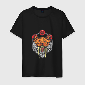 Мужская футболка хлопок с принтом Саблезубый Тигруля в Новосибирске, 100% хлопок | прямой крой, круглый вырез горловины, длина до линии бедер, слегка спущенное плечо. | 2022 | animal | cat | lion | tiger | год тигра | животные | зверь | зубы | кот | кошка | лев | охотник | полосатый | природа | тигр | тигренок | тигрица | хищник
