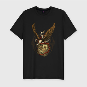 Мужская футболка хлопок Slim с принтом Гигантский орёл в Екатеринбурге, 92% хлопок, 8% лайкра | приталенный силуэт, круглый вырез ворота, длина до линии бедра, короткий рукав | арт | герб | иллюстрация | орленок | реликвия
