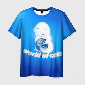 Мужская футболка 3D с принтом World of Cats , 100% полиэфир | прямой крой, круглый вырез горловины, длина до линии бедер | Тематика изображения на принте: белый кот | власть котов | ворлд оф кет | земля | земной шар | космокот | котёнок | коты | кошки | мир котов | планета | пушистик