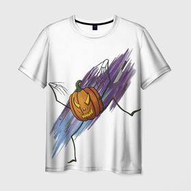 Мужская футболка 3D с принтом Агрессивная тыква в Санкт-Петербурге, 100% полиэфир | прямой крой, круглый вырез горловины, длина до линии бедер | атака | ножи | прыжок | тыква