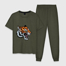 Мужская пижама хлопок с принтом Face Tiger в Санкт-Петербурге, 100% хлопок | брюки и футболка прямого кроя, без карманов, на брюках мягкая резинка на поясе и по низу штанин
 | Тематика изображения на принте: 2022 | animal | cat | lion | tiger | год тигра | животные | зверь | зубы | кот | кошка | лев | охотник | полосатый | природа | тигр | тигренок | тигрица | хищник