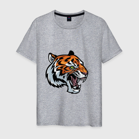 Мужская футболка хлопок с принтом Face Tiger в Екатеринбурге, 100% хлопок | прямой крой, круглый вырез горловины, длина до линии бедер, слегка спущенное плечо. | 2022 | animal | cat | lion | tiger | год тигра | животные | зверь | зубы | кот | кошка | лев | охотник | полосатый | природа | тигр | тигренок | тигрица | хищник
