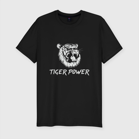 Мужская футболка хлопок Slim с принтом Power of Tiger в Белгороде, 92% хлопок, 8% лайкра | приталенный силуэт, круглый вырез ворота, длина до линии бедра, короткий рукав | 2022 | animal | cat | lion | tiger | год тигра | животные | зверь | зубы | кот | кошка | лев | охотник | полосатый | природа | тигр | тигренок | тигрица | хищник