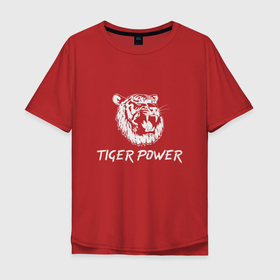 Мужская футболка хлопок Oversize с принтом Power of Tiger в Екатеринбурге, 100% хлопок | свободный крой, круглый ворот, “спинка” длиннее передней части | Тематика изображения на принте: 2022 | animal | cat | lion | tiger | год тигра | животные | зверь | зубы | кот | кошка | лев | охотник | полосатый | природа | тигр | тигренок | тигрица | хищник