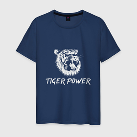 Мужская футболка хлопок с принтом Power of Tiger в Екатеринбурге, 100% хлопок | прямой крой, круглый вырез горловины, длина до линии бедер, слегка спущенное плечо. | 2022 | animal | cat | lion | tiger | год тигра | животные | зверь | зубы | кот | кошка | лев | охотник | полосатый | природа | тигр | тигренок | тигрица | хищник
