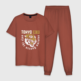 Мужская пижама хлопок с принтом Tiger   Japan в Санкт-Петербурге, 100% хлопок | брюки и футболка прямого кроя, без карманов, на брюках мягкая резинка на поясе и по низу штанин
 | Тематика изображения на принте: 2022 | animal | cat | japan | lion | tiger | год тигра | животные | зверь | зубы | кот | кошка | лев | охотник | полосатый | природа | самурай | тигр | тигренок | тигрица | хищник | япония