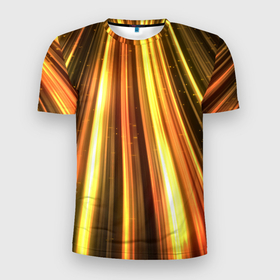 Мужская футболка 3D Slim с принтом Vzlet в Тюмени, 100% полиэстер с улучшенными характеристиками | приталенный силуэт, круглая горловина, широкие плечи, сужается к линии бедра | Тематика изображения на принте: желтый | лучи | неон | неоновый | оранжнвый | полосы
