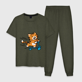 Мужская пижама хлопок с принтом Тигренок на самокате в Петрозаводске, 100% хлопок | брюки и футболка прямого кроя, без карманов, на брюках мягкая резинка на поясе и по низу штанин
 | 2022 | год тигра | новый год | новый год 2022 | символ года | тигр | тигренок | тигрица | тигры