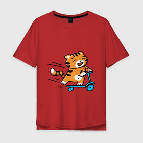 Мужская футболка хлопок Oversize с принтом Тигренок на самокате , 100% хлопок | свободный крой, круглый ворот, “спинка” длиннее передней части | 2022 | год тигра | новый год | новый год 2022 | символ года | тигр | тигренок | тигрица | тигры