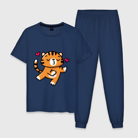 Мужская пижама хлопок с принтом влюбленный тигр в Петрозаводске, 100% хлопок | брюки и футболка прямого кроя, без карманов, на брюках мягкая резинка на поясе и по низу штанин
 | 2022 | год тигра | новый год | новый год 2022 | символ года | тигр | тигренок | тигрица | тигры