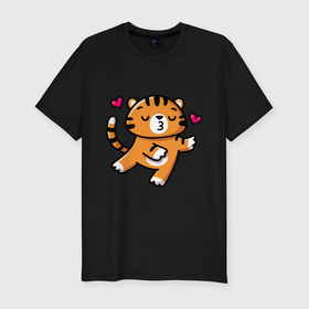 Мужская футболка хлопок Slim с принтом влюбленный тигр в Кировске, 92% хлопок, 8% лайкра | приталенный силуэт, круглый вырез ворота, длина до линии бедра, короткий рукав | 2022 | год тигра | новый год | новый год 2022 | символ года | тигр | тигренок | тигрица | тигры