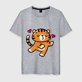 Мужская футболка хлопок с принтом влюбленный тигр в Петрозаводске, 100% хлопок | прямой крой, круглый вырез горловины, длина до линии бедер, слегка спущенное плечо. | 2022 | год тигра | новый год | новый год 2022 | символ года | тигр | тигренок | тигрица | тигры