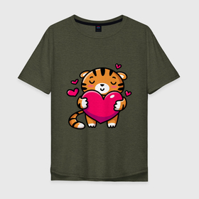 Мужская футболка хлопок Oversize с принтом Милый тигренок с сердечком в Новосибирске, 100% хлопок | свободный крой, круглый ворот, “спинка” длиннее передней части | 2022 | год тигра | новый год | новый год 2022 | символ года | тигр | тигренок | тигрица | тигры