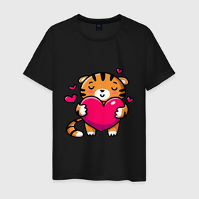 Мужская футболка хлопок с принтом Милый тигренок с сердечком в Курске, 100% хлопок | прямой крой, круглый вырез горловины, длина до линии бедер, слегка спущенное плечо. | 2022 | год тигра | новый год | новый год 2022 | символ года | тигр | тигренок | тигрица | тигры