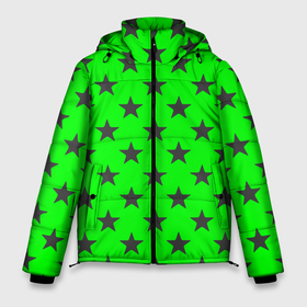 Мужская зимняя куртка 3D с принтом звездный фон зеленый в Санкт-Петербурге, верх — 100% полиэстер; подкладка — 100% полиэстер; утеплитель — 100% полиэстер | длина ниже бедра, свободный силуэт Оверсайз. Есть воротник-стойка, отстегивающийся капюшон и ветрозащитная планка. 

Боковые карманы с листочкой на кнопках и внутренний карман на молнии. | Тематика изображения на принте: звезда | звездочка | звезды | зеленый | монохром | неоновый | салатовый | фон