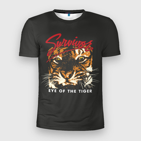 Мужская футболка 3D Slim с принтом Глаз Тигра в Новосибирске, 100% полиэстер с улучшенными характеристиками | приталенный силуэт, круглая горловина, широкие плечи, сужается к линии бедра | eye of the tiger | hardrock | music | rock | tiger | глаз тигра | музыка | рок | тигр | хардрок