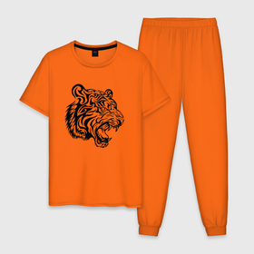 Мужская пижама хлопок с принтом Голова тигра тату в Тюмени, 100% хлопок | брюки и футболка прямого кроя, без карманов, на брюках мягкая резинка на поясе и по низу штанин
 | tiger | в шапке | год тигра | голова | кошка | крутой | тату | тигр | тигренок | хипстер