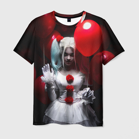 Мужская футболка 3D с принтом Плохая девочка с красными шарами в Новосибирске, 100% полиэфир | прямой крой, круглый вырез горловины, длина до линии бедер | bad girl | balloons | blonde | clown | girl | halloween | happy halloween | holiday | red | white dress | witch | белое платье | блондинка | ведьма | воздушные шары | девушка | клоун | красные | праздник | хэллоуин