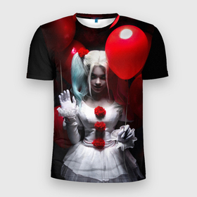 Мужская футболка 3D Slim с принтом Плохая девочка с красными шарами в Новосибирске, 100% полиэстер с улучшенными характеристиками | приталенный силуэт, круглая горловина, широкие плечи, сужается к линии бедра | bad girl | balloons | blonde | clown | girl | halloween | happy halloween | holiday | red | white dress | witch | белое платье | блондинка | ведьма | воздушные шары | девушка | клоун | красные | праздник | хэллоуин