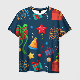 Мужская футболка 3D с принтом Новогодний Паттерн в Тюмени, 100% полиэфир | прямой крой, круглый вырез горловины, длина до линии бедер | merry christmas | веселого рождества | звездочки | ленточки | новый год | паттерн | подарки | рождество | салют