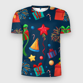 Мужская футболка 3D спортивная с принтом Новогодний Паттерн , 100% полиэстер с улучшенными характеристиками | приталенный силуэт, круглая горловина, широкие плечи, сужается к линии бедра | merry christmas | веселого рождества | звездочки | ленточки | новый год | паттерн | подарки | рождество | салют