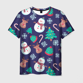 Мужская футболка 3D с принтом Рождественский Паттерн , 100% полиэфир | прямой крой, круглый вырез горловины, длина до линии бедер | Тематика изображения на принте: deer | merry christmas | веселого рождества | ели | елки | олени | рождество | снеговики | снежинки