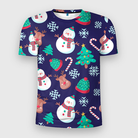 Мужская футболка 3D спортивная с принтом Рождественский Паттерн в Тюмени, 100% полиэстер с улучшенными характеристиками | приталенный силуэт, круглая горловина, широкие плечи, сужается к линии бедра | deer | merry christmas | веселого рождества | ели | елки | олени | рождество | снеговики | снежинки