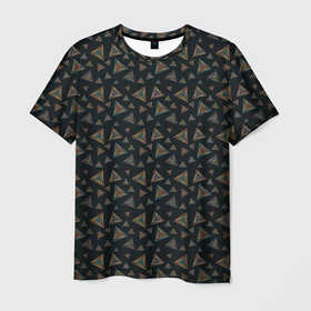 Мужская футболка 3D с принтом Абстракция из разноцветных треугольников , 100% полиэфир | прямой крой, круглый вырез горловины, длина до линии бедер | abstraction | lines | triangles | абстракция | желтый | линии | молодежный | оранжевый | треугольники | фигуры