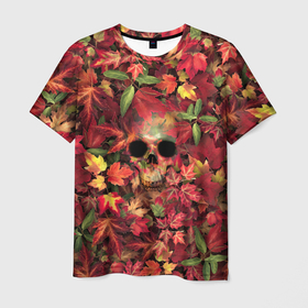 Мужская футболка 3D с принтом Осенний череп в Курске, 100% полиэфир | прямой крой, круглый вырез горловины, длина до линии бедер | halloween | клен | кленовые | листья | осень | скелет | хеллоуин | череп