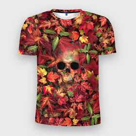 Мужская футболка 3D Slim с принтом Осенний череп в Белгороде, 100% полиэстер с улучшенными характеристиками | приталенный силуэт, круглая горловина, широкие плечи, сужается к линии бедра | halloween | клен | кленовые | листья | осень | скелет | хеллоуин | череп