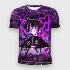 Мужская футболка 3D Slim с принтом Cyberpunk Samurai Anime в Новосибирске, 100% полиэстер с улучшенными характеристиками | приталенный силуэт, круглая горловина, широкие плечи, сужается к линии бедра | Тематика изображения на принте: 2077 | anime | cyberpunk | girl | grunge | japan | neon | pink | аниме | анимэ | гранж | девочка | девушка | игра | иероглифы | киберпанк | мульт | неон | неоновый | офф вайт | полосы | потертости | самурай | символ | тян | узоры | я